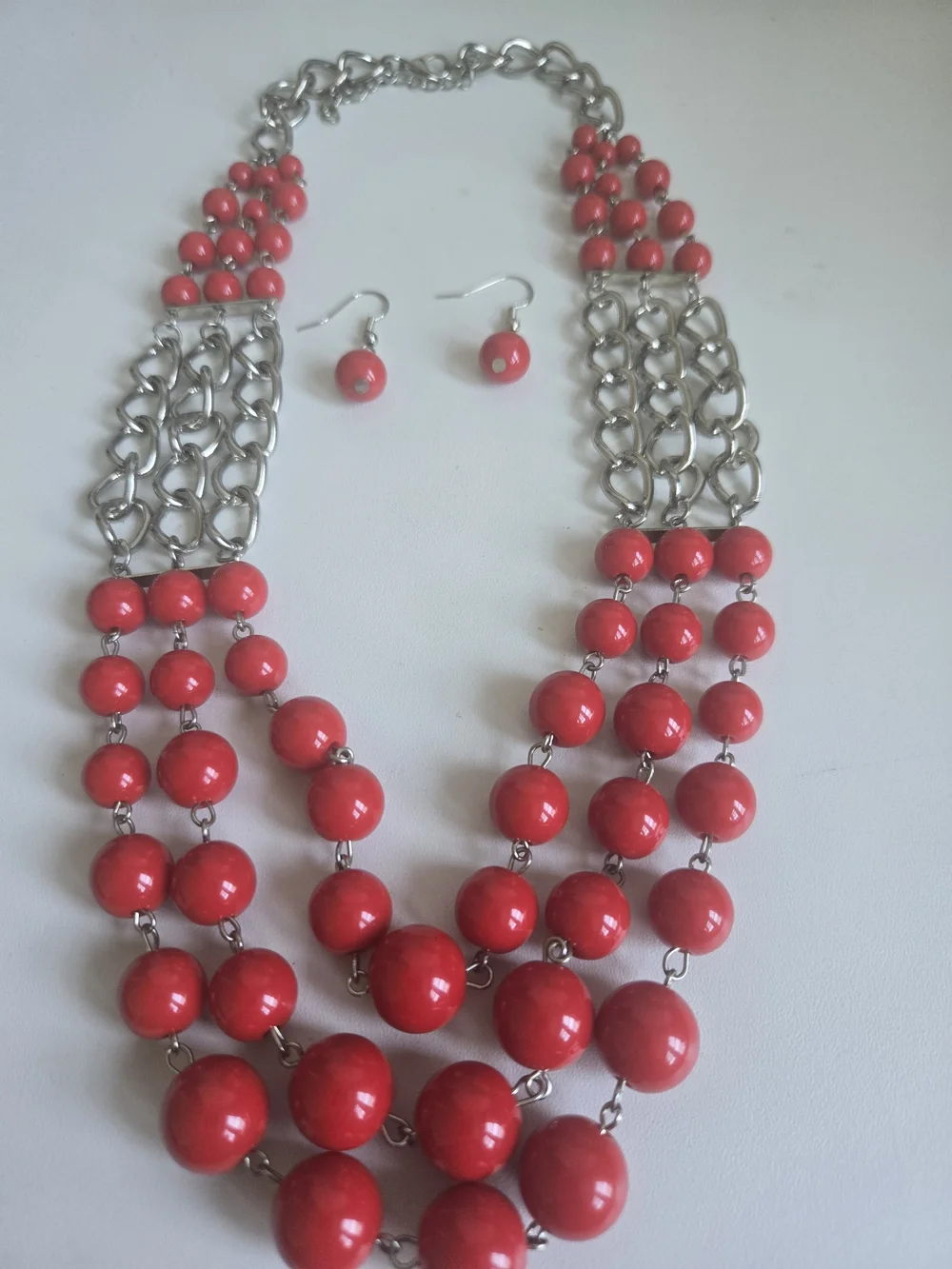 Red Multi-Strand Beaded Necklace & Earring Set